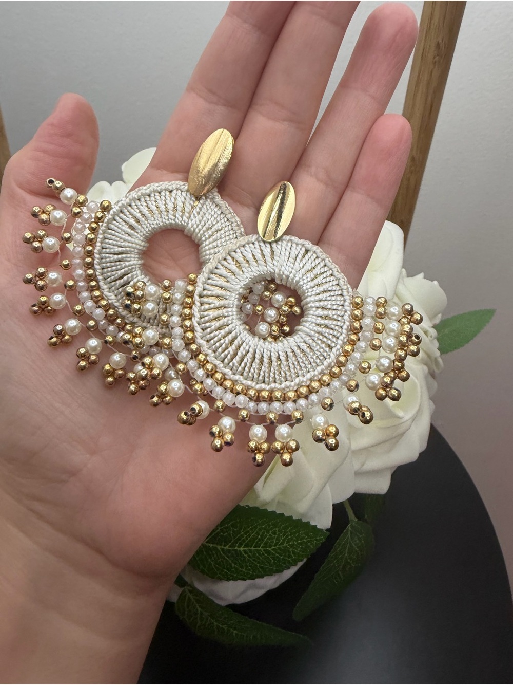 Handmade Cream and Gold Beaded Hoop Earrings